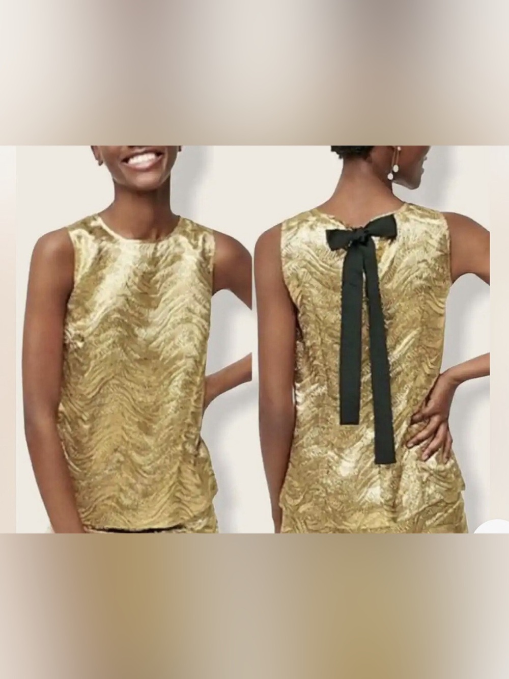 J. Crew Women Gold Metallic Bow-Back Top
